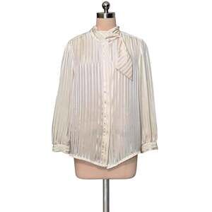Vintage 80;s 90's CARIBOU  Cream Satin Striped Blouse Tie Neck Top L XL